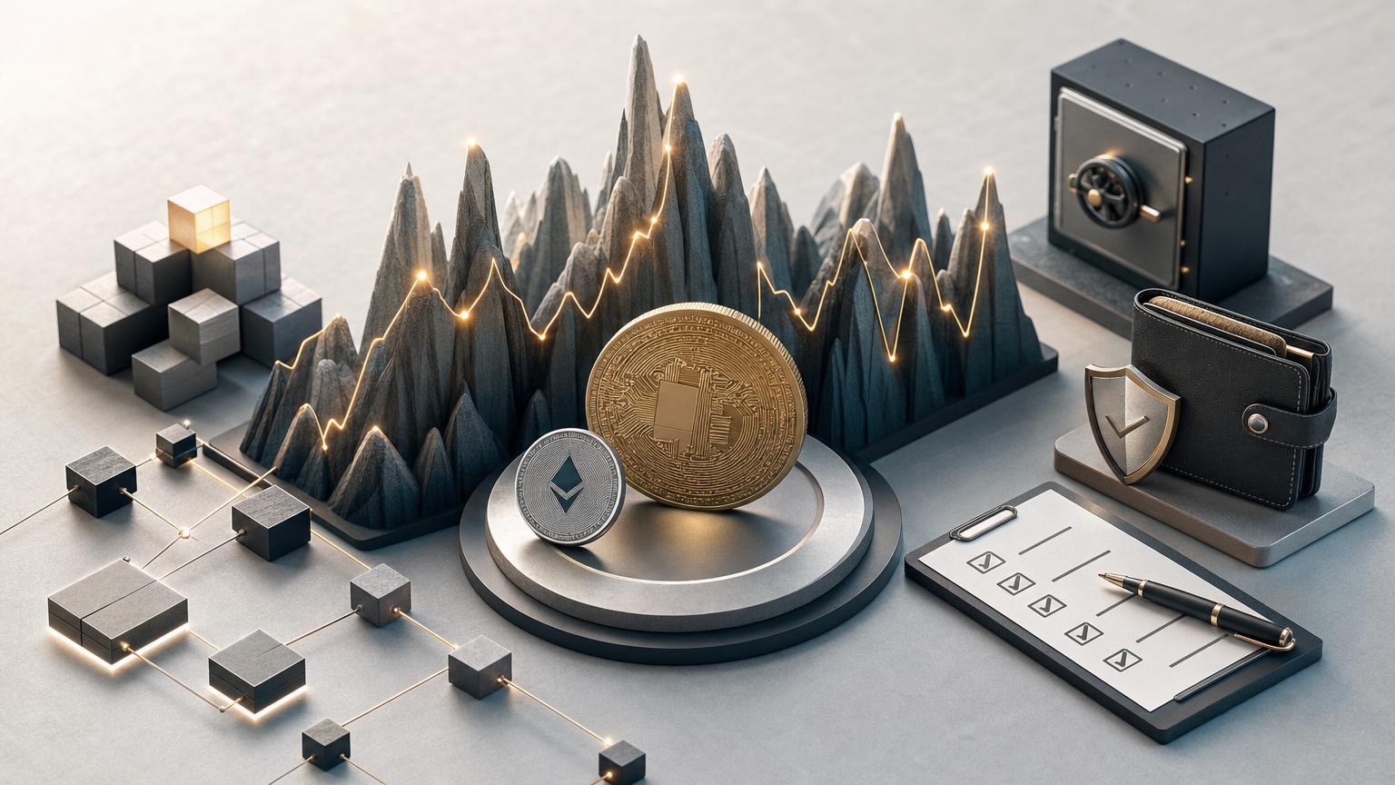 Crypto price chart with changing liquidity, trade execution, network confirmation, and transaction verification stages